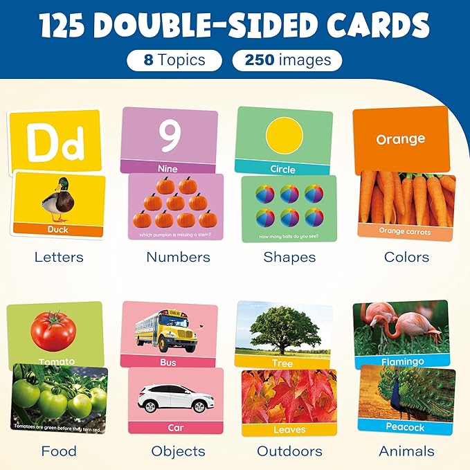 BenBen Flash Cards for Toddlers, 250 Images, Extra Thick Double-Sided Educational Flashcards, Alphabet, Number, Animal, Shape, Color, Preschool Learning Activities, Gift for Kids 1 2 3 4 Years