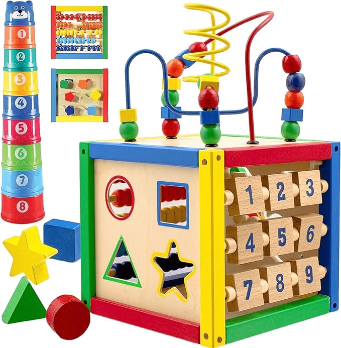 Wooden Activity Play Cube 6 in-1 for Baby with Removable Bead Maze, Shape Sorter, Abacus Counting Beads & Numbers, Sliding Shapes, 8Pcs Stacking Cups – Play22