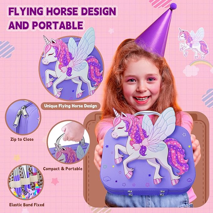 Kids Makeup Kit for Girl - Girls Makeup Kit Toys with Flying Horse Storage Case, Kids Play Makeup Set for Christmas Birthday Gift 3-12 Years Old
