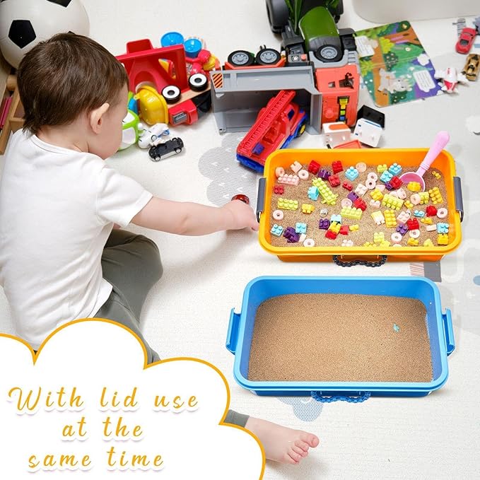 Suzile 3 Pcs Portable Sensory Bin Sand Tray with Lid, 15 Inch Colorful Plastic Sandbox Toy, Large Play Tray Fill with Sand, Water, Beads, and More, 3 Colors(Blue, Orange, Pink)
