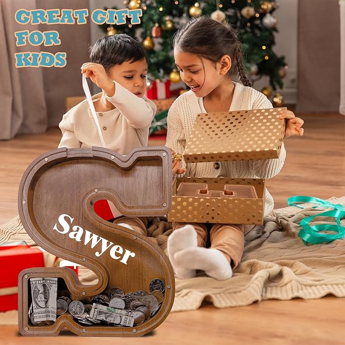 Wooden Letter Piggy Bank for Kids Larger Letter Piggy Bank for Boys and Girls Personalized Piggy Bank Initial Coin Bank Wood Kids Money Bank for Birthday and Festival