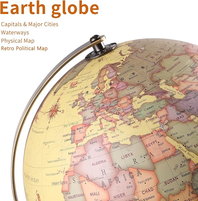 Illuminated World Globe for Adults & Kids with Wooden Stand,Built in LED Lamp for Illuminated Night View Antique Globe for Home Décor and Office Desktop 8inch