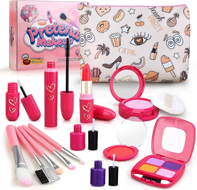 Toddler Girls Toys Pretend Makeup Kits - Fake Makeup Set Toys for Kids 3 4 5 6 Year Old, Play Makeup Gift for Little Girls 3-5, Toddler Makeup Kit with Fake Makeup Toy Birthday Gift (Beige)