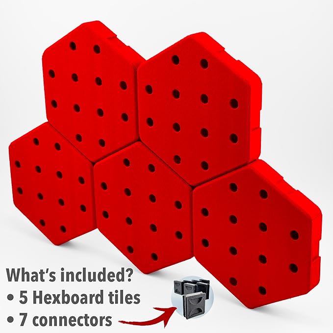 Hexagon Pegboard Tiles, 4.5"x4" each, 5-Pack, Normal-Sized Holes, Make Custom Designs, Easiest to Mount, Expand Existing Pegboard or Fill In Unused Space, Hexboard (Flame Flash Red, 4-inch)