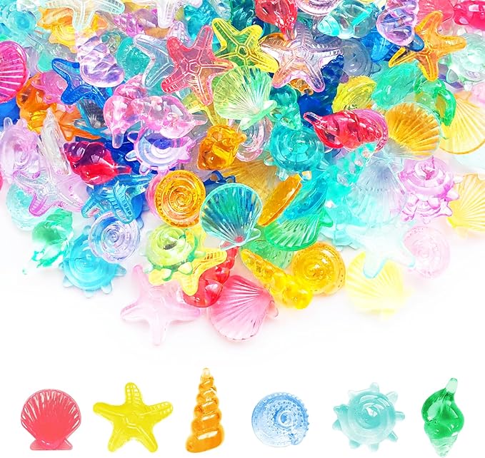 200+ Pcs Sensory Bin Filler Diving Gem Pool Toys Small Bulk Plastic Under The Sea Shells Decorations Ocean Mermaid Kit 11 Colors 6 Styles Mixed Acrylic Tiny Seashells Craft