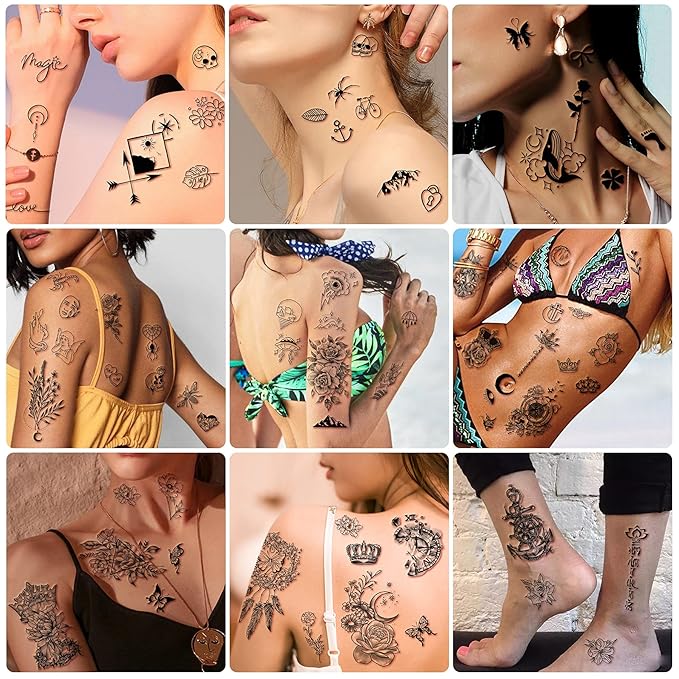 Yazhiji 49 sheets Large Flowers Butterfies Crown Waterproof Temporary Tattoos for Women and Girls,Fake Tattoos for Kids or Adults Body Make Up Tattoo