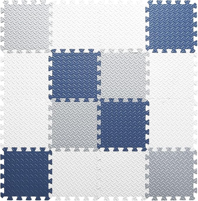 Foam Play Mat for Toddlers, EVA Non-Toxic Interlocking Floor Mats with Solid Colors, Squares Baby Play Mat, EVA Foam Floor Mat Foam Mats for Kids, Baby, 16 Tiles(White/Light Gray/Dark Blue)