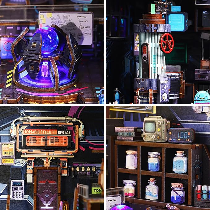 DIY Book Nook Kit - DIY Miniature Dollhouse Kit with Music Movement, Furniture and LED Lights, 3D Puzzle Wooden Art Bookends, Adult Building Model Kit (Energy Lab)