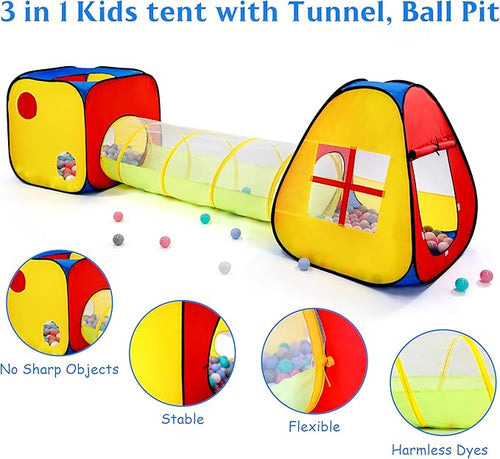 3 in 1 Pop Up Kids Play Tent with Tunnel and Ball Pit for Kids, Boys, Girls, Babies and Toddlers, Indoor/Outdoor Playhouse, Red&Yellow&Blue