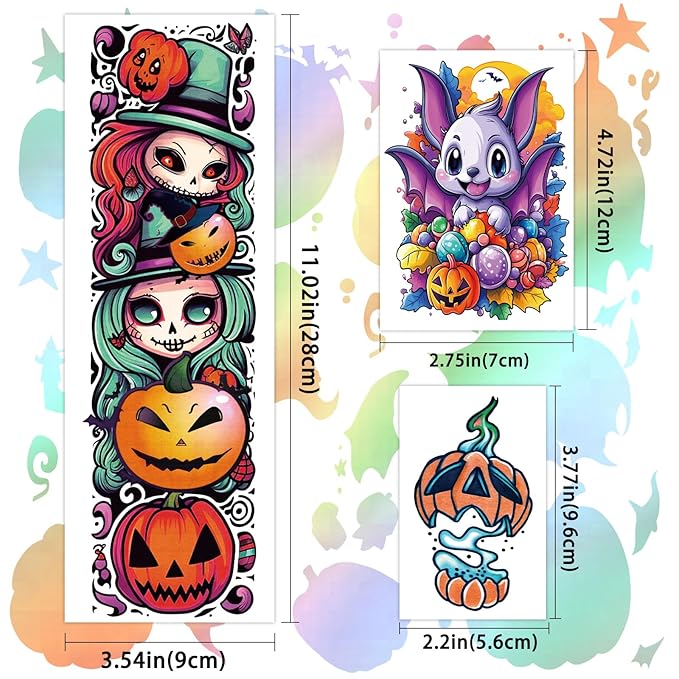 Halloween Temporary Tattoos for Kids, 52 Sheets Full Arm Sleeve Halloween Fake Tattoos for Boys and Girls, Ghost Pumpkin Witch Pattern for Halloween Party Favors