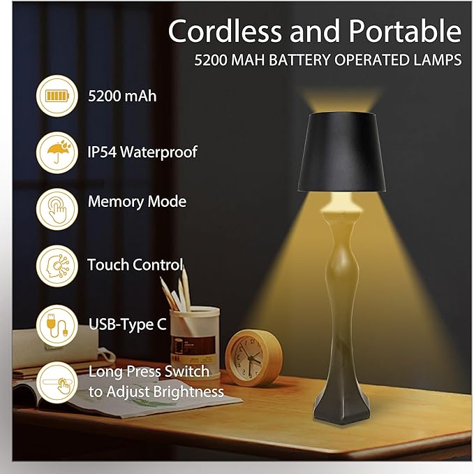 Cordless Table Lamp, 5200mAh Rechargeable Battery LED Touch wireless Lamp, 3 Color Changing & Stepless Dimmer, Decorative Portable Nightstand Lamp for Bedroom Living Room Outdoor kitchen（2 Pack Black）