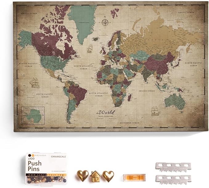 Canvas World Map with Cork Pin Board - English Lettering - Decorative Wall Decoration for All Rooms - Canvas Pictures with World Map Motif (150x100 cm, Pattern 12)