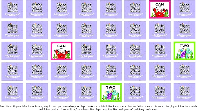 Sight Word Memory Game / Matching Game. Reading and Language Building for Grades Pre-Kindergarten Through Second Grade. Early Children's Educational Learn to Read (Kindergarten)