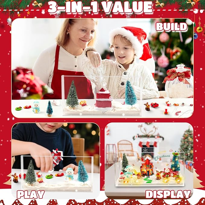 Rhybor Christmas Sensory Bin, Christmas Craft Kits Sand Art Play Kits with Santa, Reindeer, Snowman, Mini Christmas Tree Holiday Sensory Play Set Christmas Xmas Gift Decorations for Adult Kid