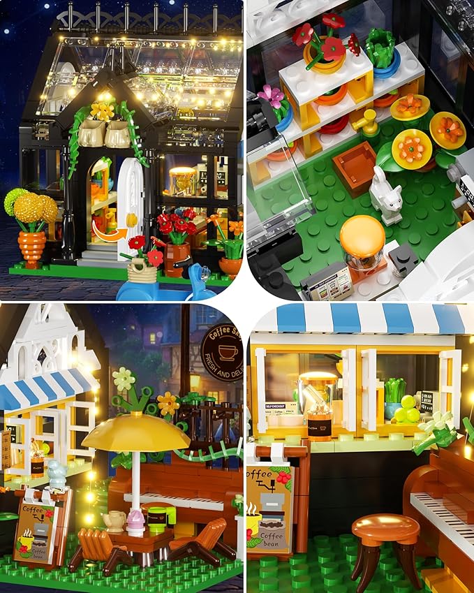 Flower House Building Set, Coffee Shop Outdoor Parasol and Piano Building Kits with Lights, Greenhouse Model Halloween for Girls, Home Decor Office Coffee Bar Display