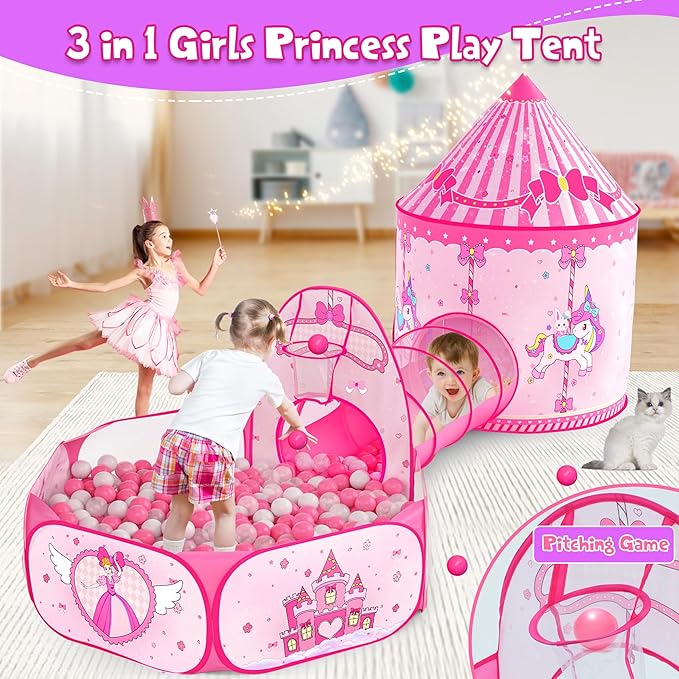 3 in 1 Girls Princess Play Tent for Kids: Pop Up Toddlers Playhouse with Baby Crawl Tunnel, Ball Pit and Castle Tent - Pink Children Play Tent Toys Indoor and Outdoor Game for Birthday Gift