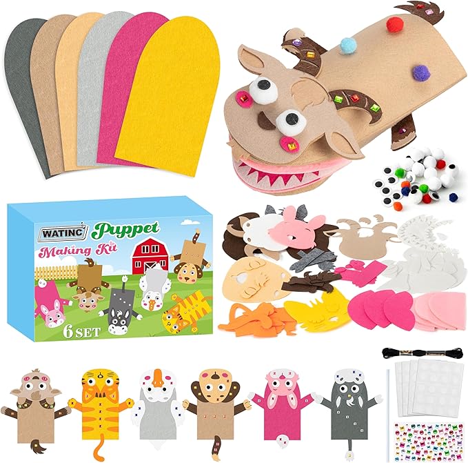 WATINC 6Pcs Hand Puppet Making Kit, Art Craft Felt Sock Puppet Toys, Creative DIY Make Your Own Pompoms Wiggle Googly Eyes Storytelling Role Play Party Supplies Gift for Girls Boys (Farm Animals B)