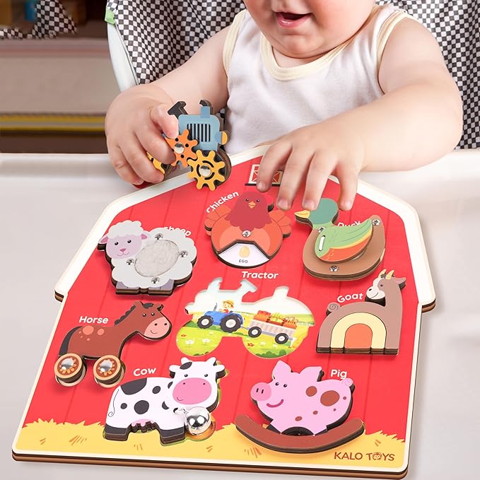 Wooden Montessori Farm Puzzles for Toddlers 1-3 – Interactive Sensory Animal Toys with Textures & Sound -Educational Puzzle & Baby Gifts for Fine Motor Skills & Autism Friendly (8 Puzzles)