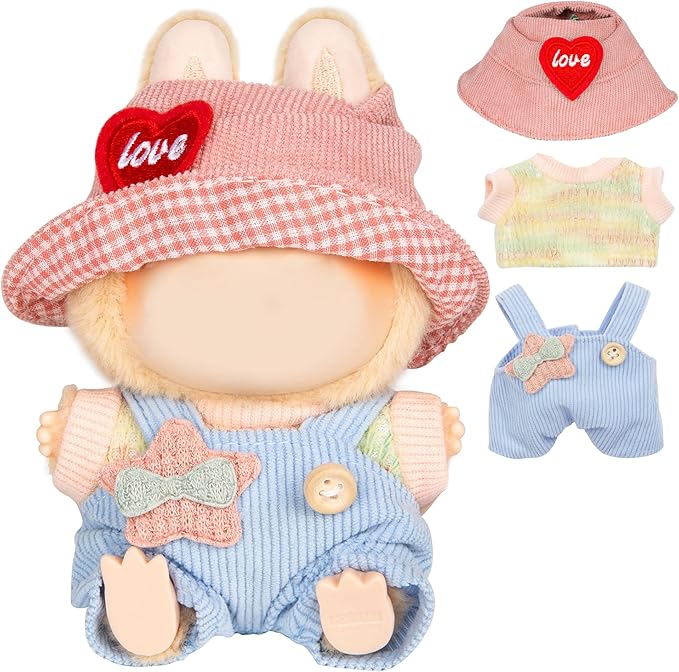 17cm Doll Clothes for Labubu - Kawaii Chic Style Set for 17cm Dolls, Cute Doll Outfit with Accessories - Colorful T-Shirt + Star Light Blue Romper + Heart Shaped Pink Hat (Clothes Only)