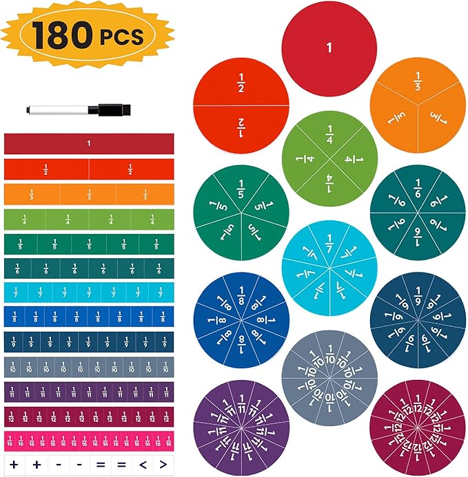 180pcs Magnetic Fraction Tiles & Fraction Circles Manipulatives - Montessori Magnetic Fractions for Kids - 3rd 4th 5th Grade Fraction Manipulatives Class Set - Makes Learning Fractions Fun & Easy