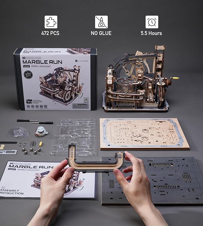 ROBOTIME Motorized Wooden Puzzles for Adults - 3D Puzzles for Adults LGC01 Marble Spaceport - Wooden Marble Run Model to Build - Space/STEM/Engineering Gift