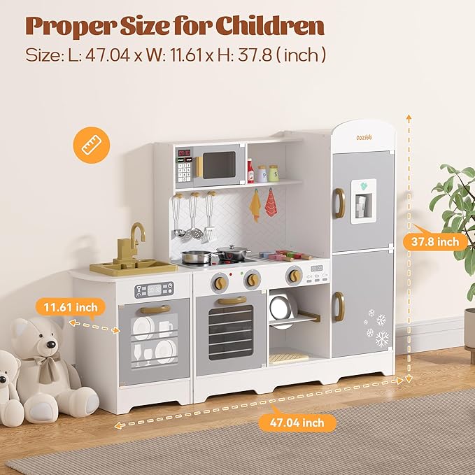 CoziBB Wooden Pretend Play Kitchen Set, Realistic Oven Faucet Microwave Ice Maker BBQ, with Lights & Sounds Features, 21 Accessories, Toys Kitchen for Kids Children Boys Grils, Gift for Ages 3+