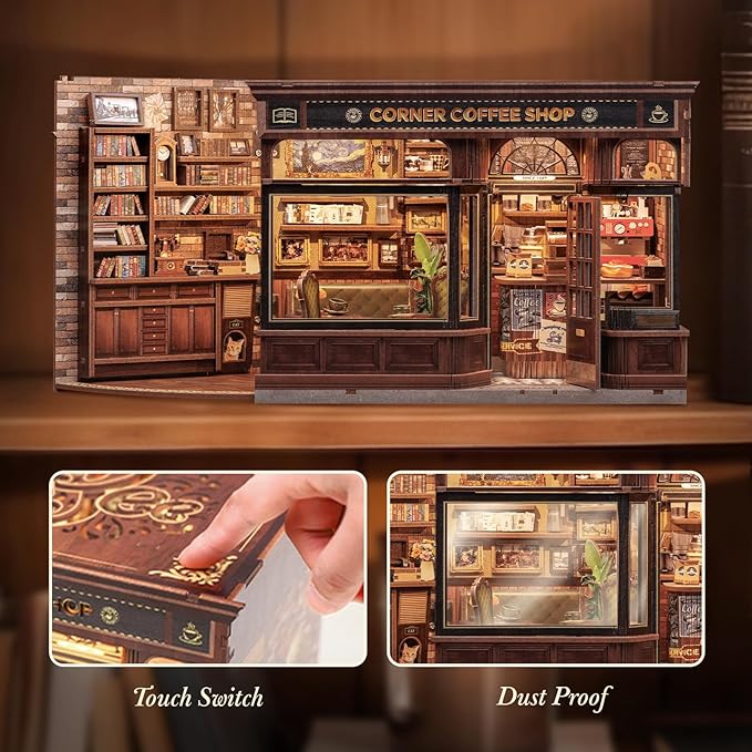 CUTEBEE Book Nook Kit, DIY Miniature House Kits for Adult and Teens, Dollhouse Booknook Tiny House, Bookshelf 3D Wooden Puzzle, DIY Craft Gifts for Family and Friends (Corner Coffee Shop)