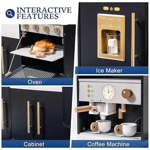 ROBOTIME Wooden Play Kitchen for Kids, Toddler Kitchen Playset with Ice Maker and Coffee Machine, Realistic Kids Play Kitchen Toy Gift for Girls & Boys Ages 3+ Black