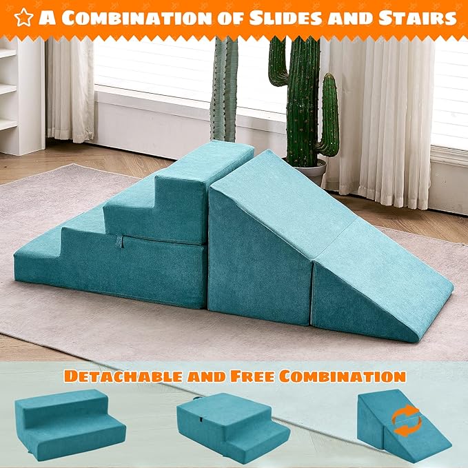 jela Toddlers Climbing Toys Indoor, Toddler Indoor Playset, Safe Soft Foam Climbing Blocks with Slide Stairs, Climbing Toys for Toddlers Luxury Miss Fabric, Soft Couch Slide (Lightblue)