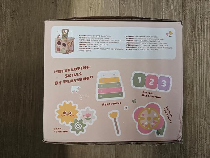 ROBUD Wooden Activity Cube, Educational Wooden Toys with 7 Functional Areas, Montessori Toys for 1+ Year Old Boys & Girls, Flower Bush Theme
