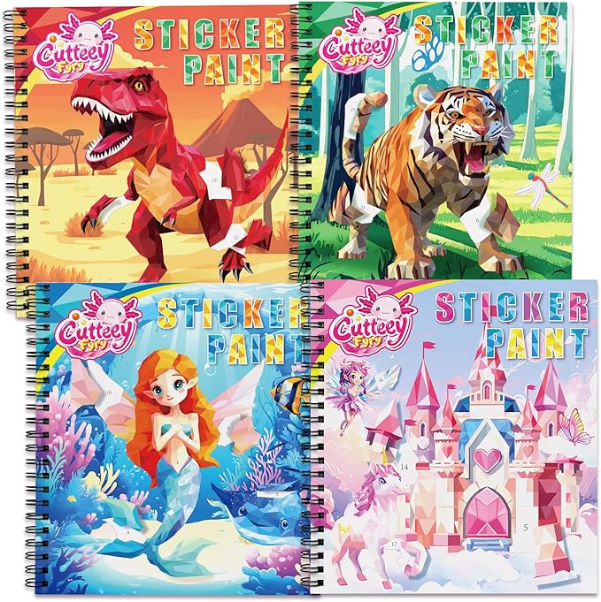 4PCS Paint by Number Sticker Book Travel Activities Toys for Girls Boys Kids Ages 4-10 Road Trip & Airplane & Long Car Rides, Birthday Present, Preschool Classroom Party Gifts