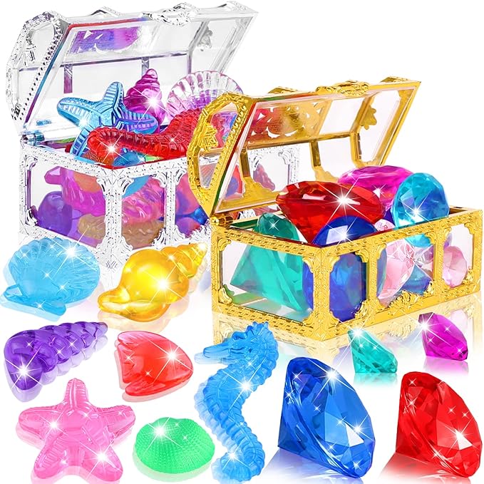 YUJUN 30 Pieces Colorful Diving Gem Pool Toys Big Diamond Ocean Animals Gem with Treasure Pirate Chest Box Summer Underwater Acrylic Gemstones Set for Kids Swimming Pool Party Favors