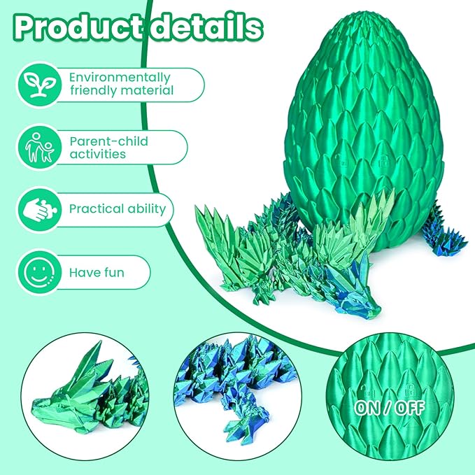 3D Printed Dragon Eggs with Articulated Fly Dragon Inside, Collectible Figurines Fidget Toy for Adults Kids Birthday Easter Christmas White Elephant Gifts for Friends Colleagues(Silk Green, M size)