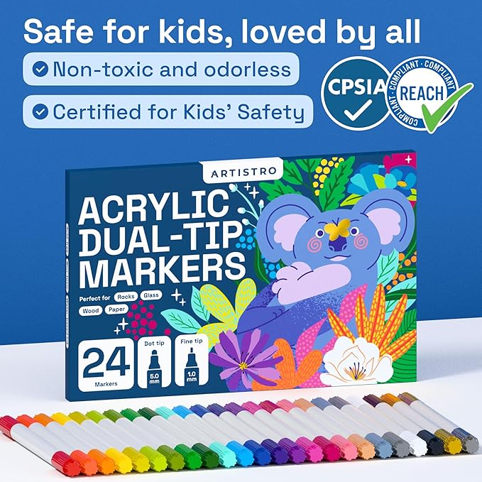 ARTISTRO 24 Acrylic Paint Markers for Rock, Fabric, Wood, Glass, Craft, Decoration - Dual-Tip Paint Pens - Stocking Stuffers, Christmas Gift Idea for Teens, Grandkids, Kids - Art Supplies