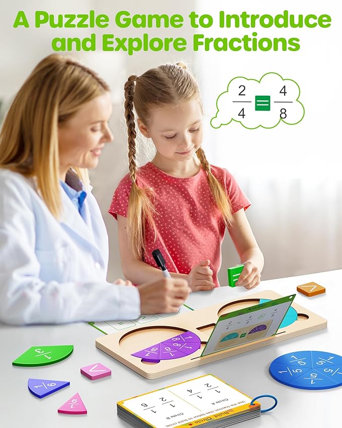 D-FantiX Wooden Fraction Educational Puzzle, Wood Fraction Tiles & Fraction Circles Set, Math Manipulatives for Elementary School, Montessori Fraction Manipulatives Games Learning Toys for Kids