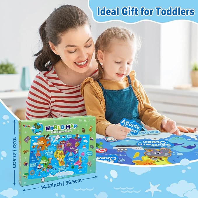 Taika World Felt Set, Felt World Map with World Famous Sights, Educational Play Mat Flannel Board Set, 43x28 inch Preschool Learning Flannel Board for 4+