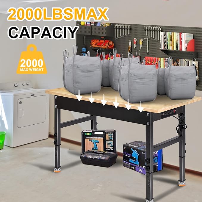48" Adjustable Work Bench, Rubber Wood Top Workbench Heavy-Duty Work Table with Power Outlet, 2000 LBS Load Capacity Hardwood Work Benches for Garage, Workshop, Home, Office, Easy Assembly