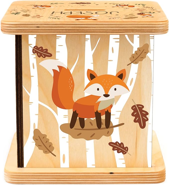 Wooden Piggy Bank for Kids and Adults, Personalized Gift Handmade in USA by BloomOwl, Custom Piggy Bank, Personalized Banks for Kids, Gifts for Baby Boys and Girls (Woodland Friends) (Woodland- Fox)
