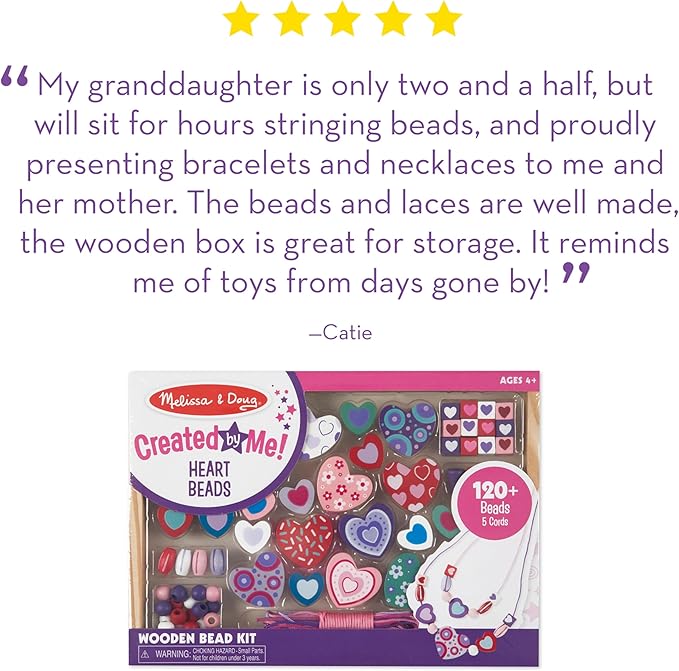 Melissa & Doug Created by Me! Heart Beads Wooden Bead Kit, 120+ Beads and 5 Cords for Jewelry-Making