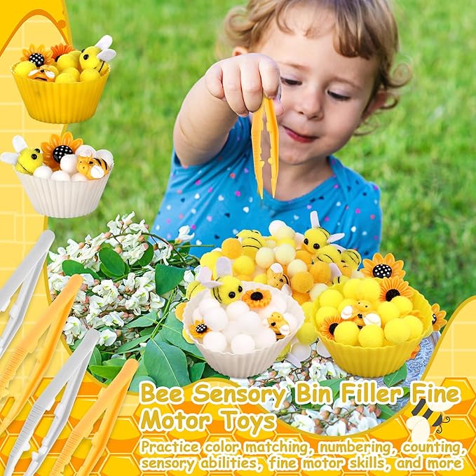 303Pcs Bee Sensory Bin Filler Fine Motor Toys Sunflower Counting Sorting 200 Felt Pompoms 40 Sunflowers 50 bees 6 Tweezers 6 Silicone Plates 1Storage Box for Counting Sorting DIY Crafts(Bee Sunflower)