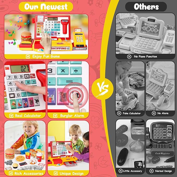 Cash Register for Kids with Scanner Realistic, Pretend Play Toy Cash Register with Fast Food/Fake Money/Credit Card/Calculator/Microphone Gift Ideas for Toddlers Girls Boys 3-5 4-8, Yellow