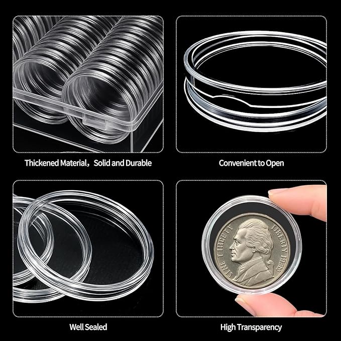 50 PCS 41mm Clear Plastic Coin Capsules with Coin Holder Case, Airtight Coin Holders, Coin Storage Containers, Coin Supplies Plastic Holders, Coin Protectors
