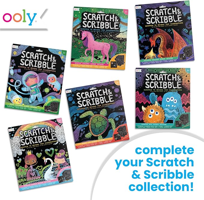 Ooly Scratch & Scribble 10pc Art Kit with 8 Total Scratch Cards (4 Illustrated, 2 Blank, 2 Rainbow) with Scratching Tool and Sparkled Stickers, Art Set Gifts for Kids - Monster Pals