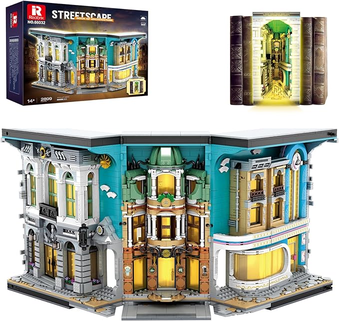 Reobrix Book Nook Building with Light, Streetscape BookNook Building Kit 66032 for Bookshelf&Home Decor, 2899 PCS Bookend Model Toy, Gift for Kids Adults Boys Girls Age 14+