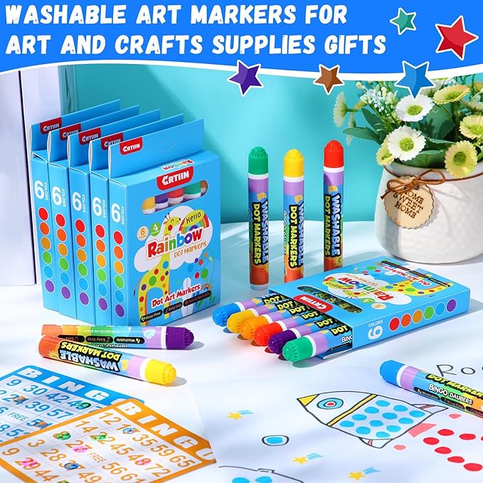 Crtiin 72 Pack Dot Markers Bulk, 6 Colors 12 Boxes Washable Dot Paint Markers for Kids Bingo Daubers Supplies Ideal for Activity Craft Kits Coloring Supplies Class Gift Art Party Favors