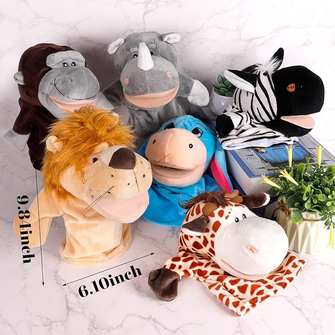 6Pcs Hand Puppets for Toddlers - Stuffed Animal Puppets for Kids, Including Lion, Zebra, Gorilla, Giraffe, Rhino and Donkey for Puppet Show Theater, Stocking Stuffers for Kids