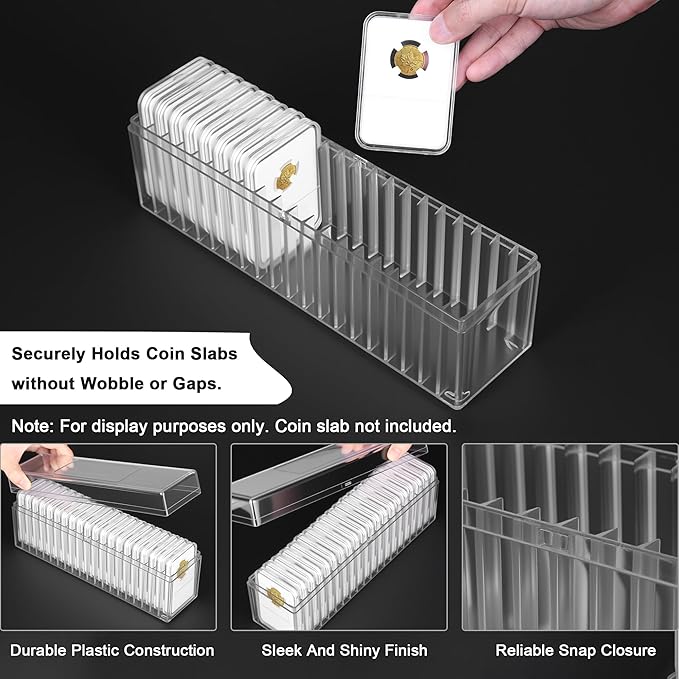 Plastic Coin Slab Storage Box – 20-Slot Coin Holder Organizer Case Fits for PCGS NGC PMG PCCB Slabs, Secure Coin Collection Box for Collectors, Home, Office, Bank Use (Box Only, Clear)