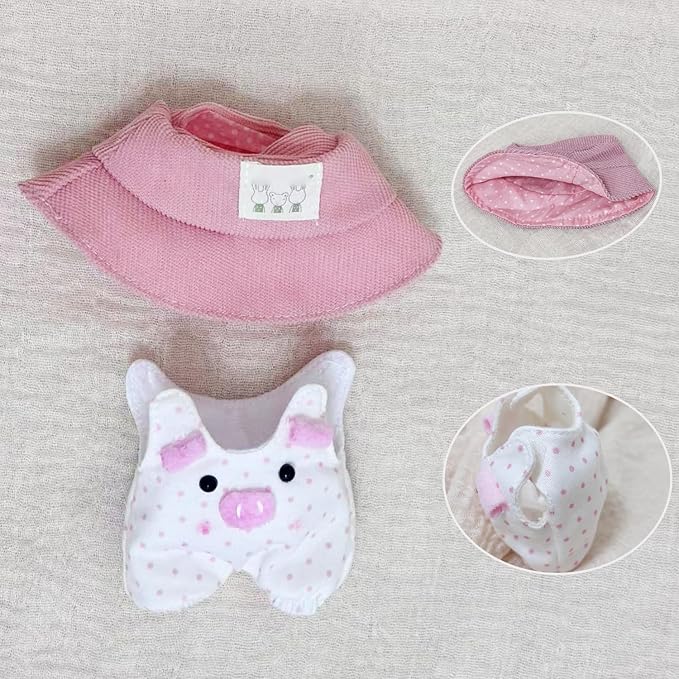 17cm Clothes Set(NO Doll), Hat & Cute Piggy Overalls Set Accessories for Doll, Premium Fashion 17cm Outfit (Pink Pig)