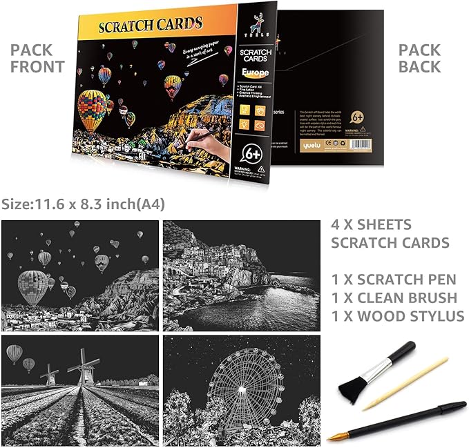 Rainbow Scratch Art Painting Paper (A4) for Adults & Kids, DIY Night View Scratchboard Set: 4 Sheets Scratch Cards & Clean Brush, Drawing Pen(Cinque Terre / Windmill / Ferris Wheel / Hot Air Balloon)