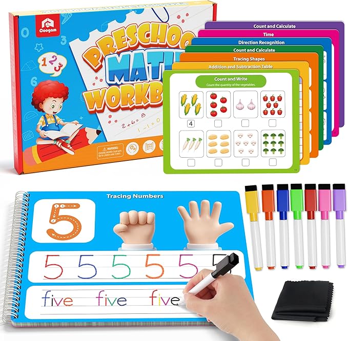 Coogam Math Learning Game for Kids Age 3-8, Number Tracing Handwriting Practice Workbook, Math Addition and Subtraction, Montessori Educational Preschool Learning Activities Gift Toy